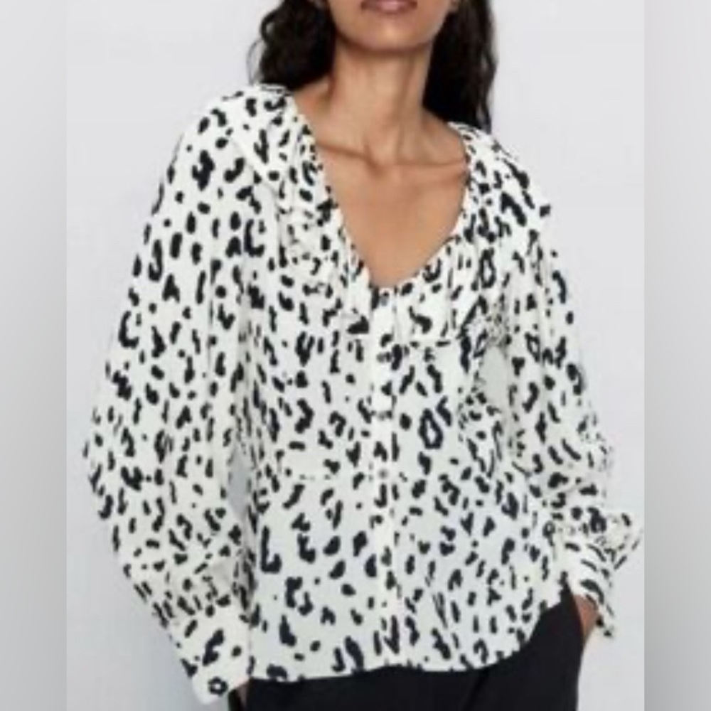 Zara Black/Cream Animal Print Ruffled Neckline Peplum Hem Buttoned Blouse